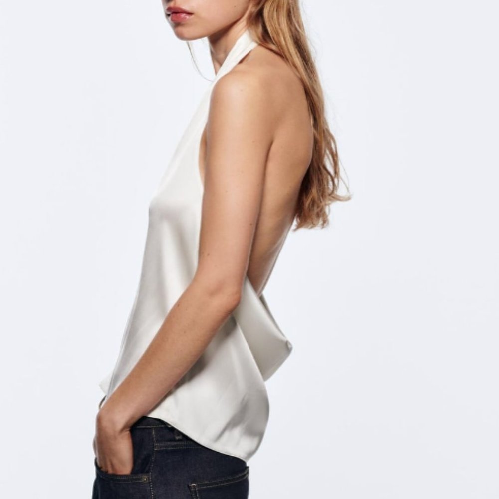 ZARA ASYMMETRIC SATIN EFFECT HALTER LOW BACK TOP S